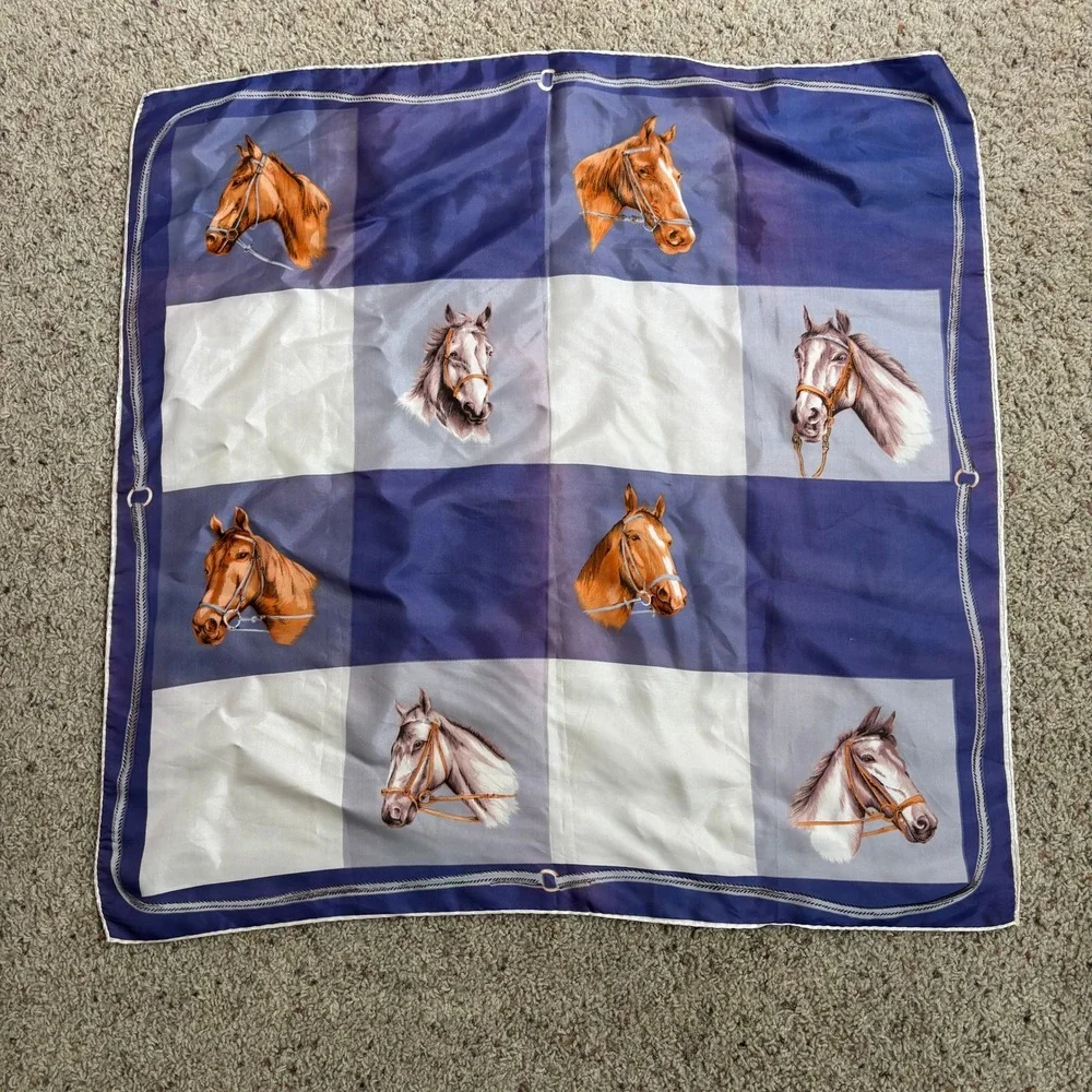 Vintage Horse Scarf Blue‎ White Plaid Equestrian Satin Square Neck Scarf Art SEE